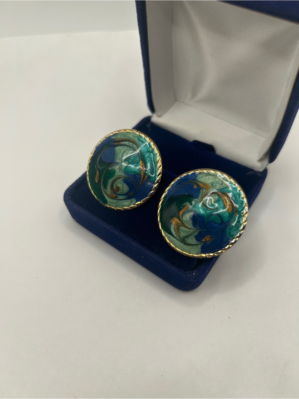 Gold-Trim Green & Blue Enamel Dome Round Earrings - Women Jewelry - Picture 3 of 9
